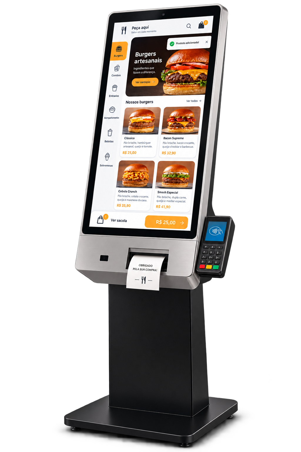 Totem de autoatendimento realista com cardápio digital do Menz Food